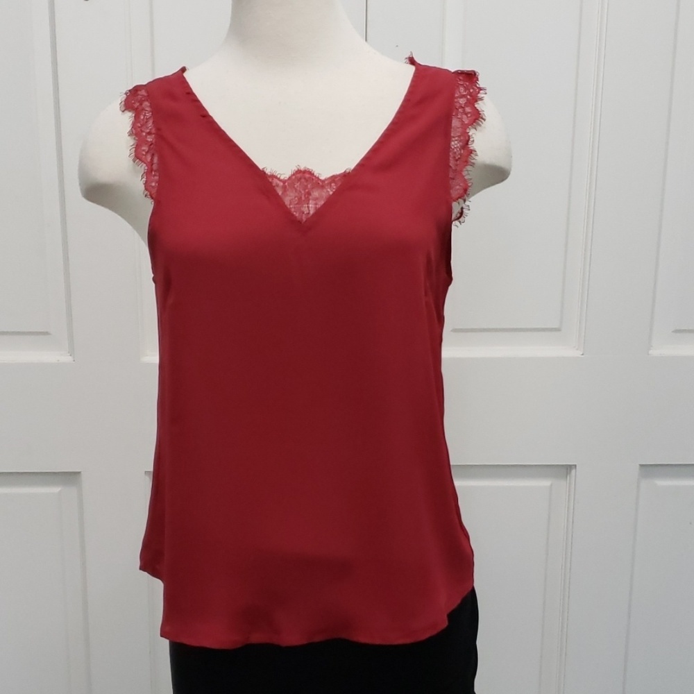 Romantic Feminine Red Sheer Plunging V Back Sleeveless Floral Lace Top Size M